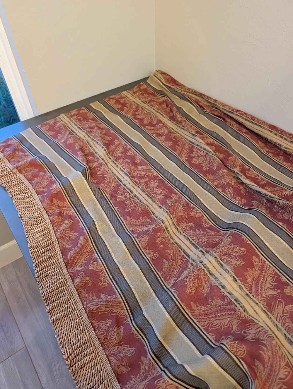 JCPENNEY Window Scarf Valance Striped Tan Rust Red Twisted Tassel Size 215"X50"